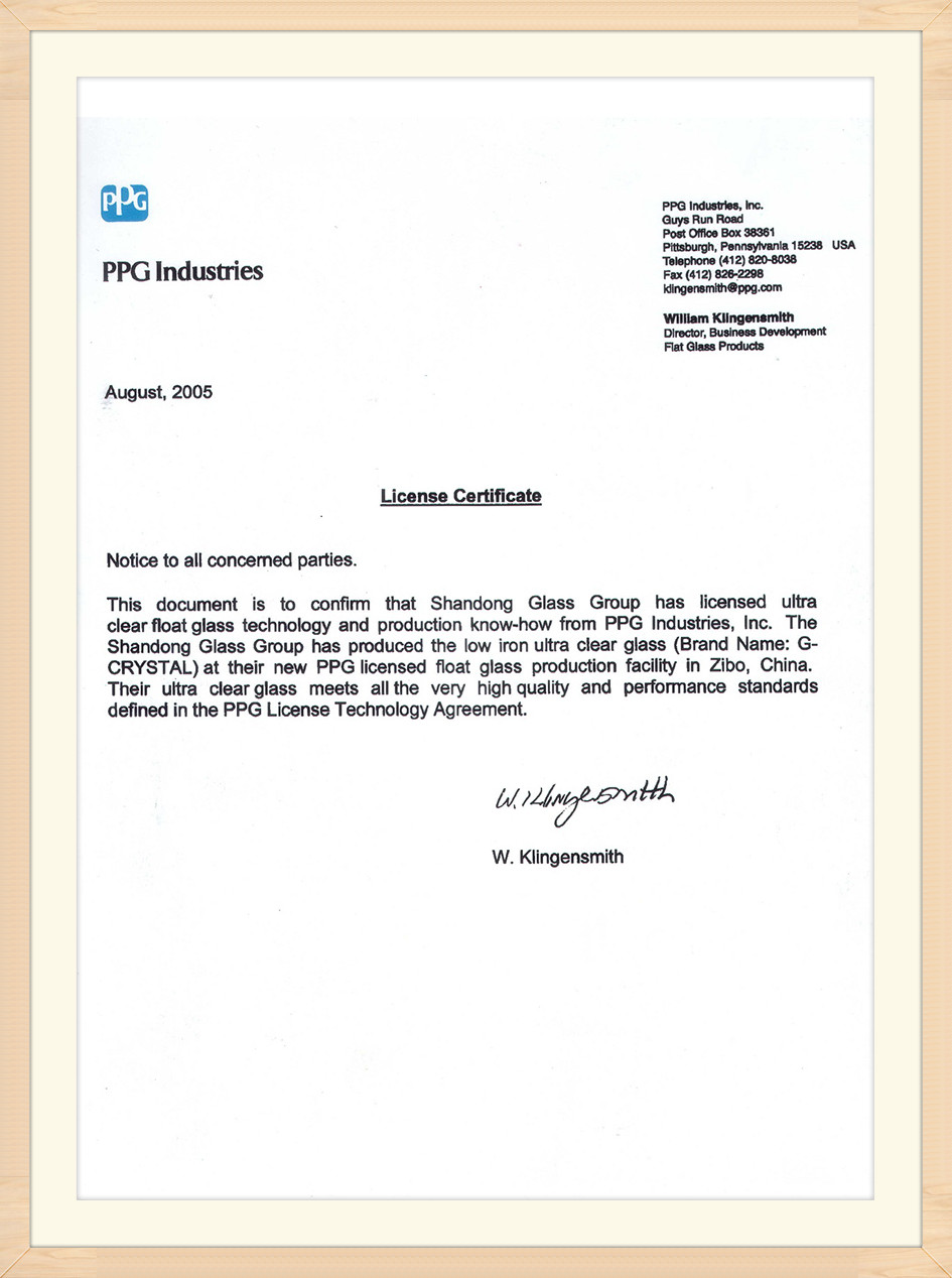 PPG licencijos sertifikatas – itin skaidrus stiklas